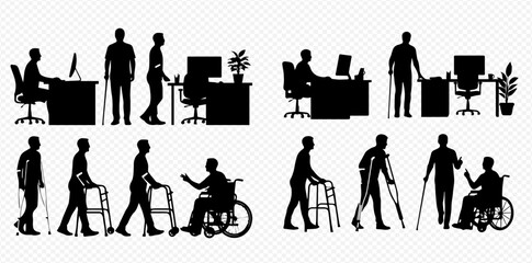 Silhouettes of disabled people working in an office and using various mobility aids.
