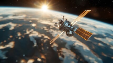 Naklejka premium A detailed view of a satellite orbiting above the Earth, capturing the majesty of space exploration and technology amidst a stunning backdrop of clouds and sunlight illuminating the surface.