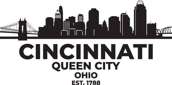 Cincinnati Ohio city skyline silhouette with Queen City text