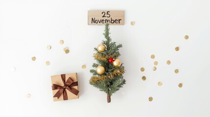 A small christmas tree with a gift box and a calendar date of 25 november