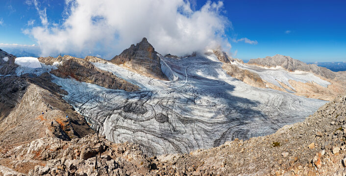 Panorama of Dachstein glacier in Austria Alps. Nice mountain landscape.  The plateau is the best place for skiing,  Styria.