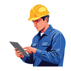 A cartoon illustration of a man in a yellow hard hat and blue work shirt using a tablet on a clean white background.