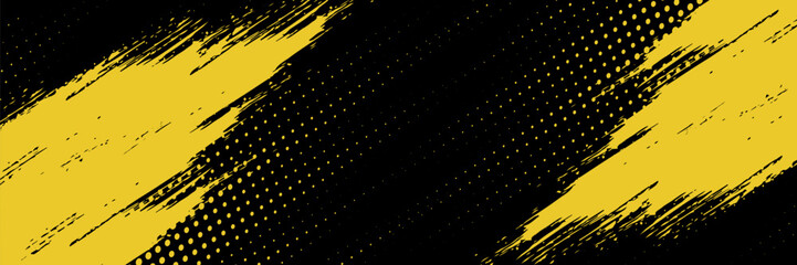Abstract yellow grunge brush stroke on black background, urban halftone pattern texture, sporty dynamic racing banner, street art graffiti style, modern creative header design element. © Abdul