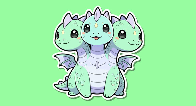 Three-headed cartoon dragon illustration with wings, sitting and looking forward, fantasy creature concept art