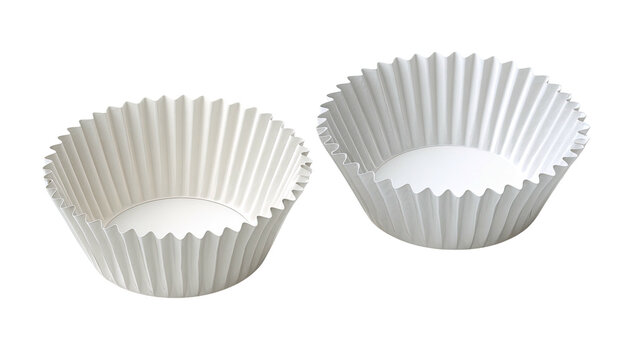 Two white, fluted paper baking cups. Isolated against a black background