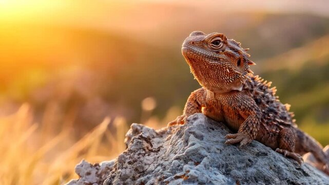 A lizard basks on a rock, lit by warm sunlight, set against a blurred background