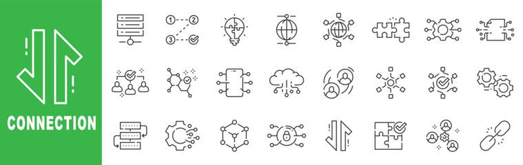 Plakat Connection and networking outline icon set featuring cloud, data flow, integration, security, collaboration, editable stroke vector design.