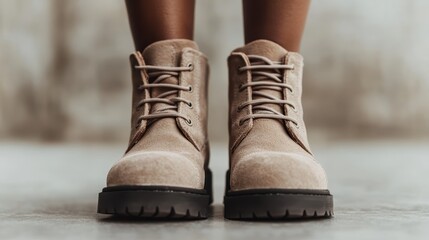 A close-up shot of trendy beige boots with laces set against a dark concrete backdrop, portraying modern fashion and urban style for contemporary footwear enthusiasts.
