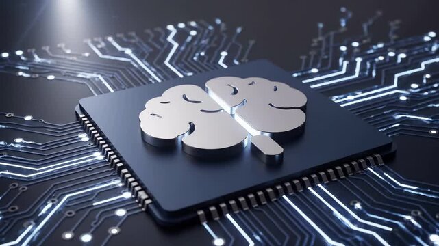 Metallic brain symbol on a processor chip surrounded by glowing circuit board traces. Artificial intelligence, machine learning, and cognitive computing, advanced technology neural network innovation