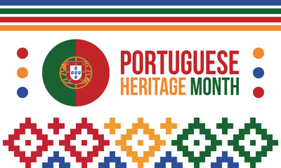 Fototapeta premium Portuguese Heritage Month Graphic with National Flag Emblem and Traditional Folk Art Patterns. Portugal flag. Vector illustration