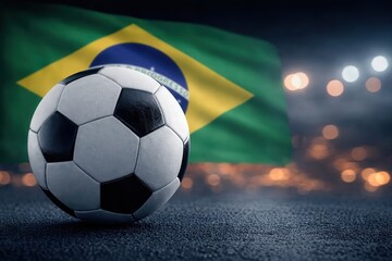 Naklejka premium Soccer Ball with Brazil Flag in Stadium Lights