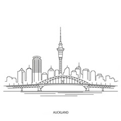 A black and white line drawing of the Auckland city skyline with the Harbour Bridge and Sky Tower