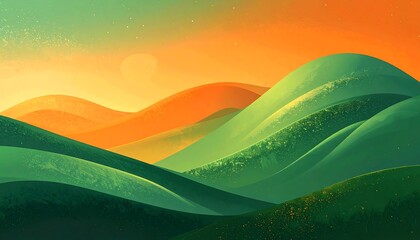 Obraz premium Rolling green hills under an orange sunset, artistic style