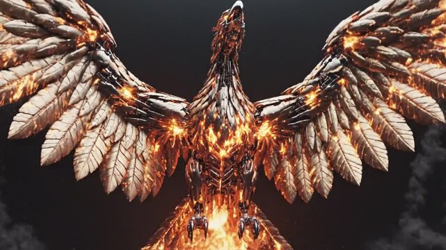 Fiery Phoenix Spreads Wings, Engulfed in Flames, Against Dark Background, High-Contrast Image, Aerial Viewpoint