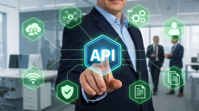 Businessman pointing to API icon connecting cloud computing data and network security