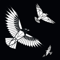 Black silhouette of a flying bird vector illustration with abstract background and tribal style wings.