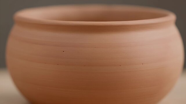 Smooth, unglazed terracotta pot with subtle horizontal lines and two small specks