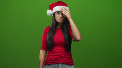 Fototapeta premium Young hispanic woman wearing a santa hat and red shirt covers one eye with her hand, long dark hair visible, standing in a green studio; holiday frustration.