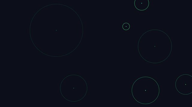 Dynamic network of geometric circles and central points, abstract visualization for technological and scientific concepts.