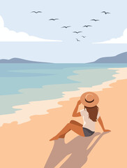 Vector illustration woman or girl on vacation, sitting, sunbathing in a hat on the beach. Seagulls fly in sky, sand, waves, sea. Ideal for travel, tourism, recreation, health, summer design projects