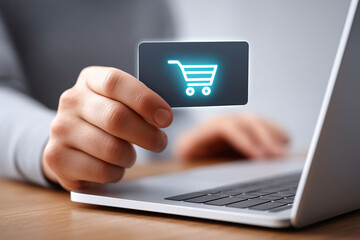 Obraz premium Interactive hand with glowing blue holographic shopping cart in digital retail environment