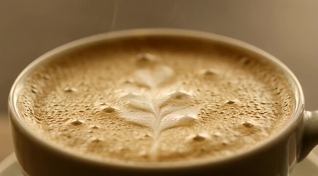 Close-up of steaming latte art with delicate foam pattern in a white cup