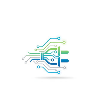 Smart electric plug logo with circuit board network lines, green energy technology icon, power grid innovation symbol modern vector design illustration