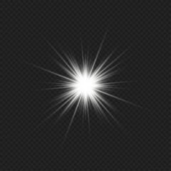 Obraz premium White stars with radiant rays glow vividly in dark or transparent space. Lens flare enhances magical and festive effects. Ideal for holiday illustrations and overlays.