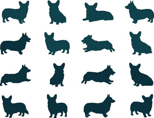 Collection of sixteen corgi dog silhouettes in grid layout featuring playful poses, sitting, standing, lying down, and running stances with distinctive short legs and long bodies