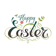 Naklejka premium Happy easter hand lettering typography with floral decorations. Handwritten happy easter greeting card. Multicolor. Script font. White background. Decorative typography design, vector