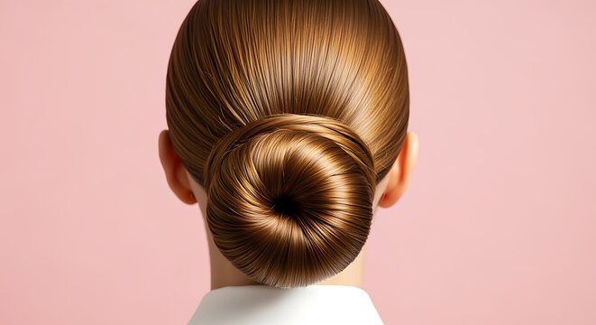 Woman with sleek brown hair styled in a low bun hairstyle on pink background