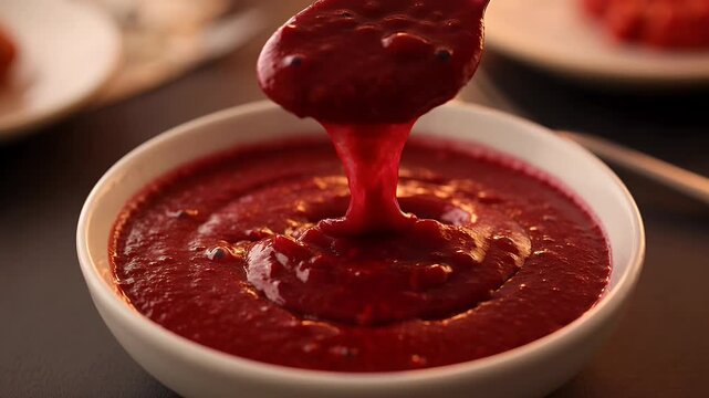 Spoonful of thick, red berry puree being lifted from a white bowl
