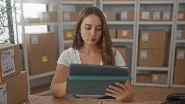 Woman holding tablet, hands on screen, checking orders amid stacked boxes and shelving in delivery building; small business planning focus.