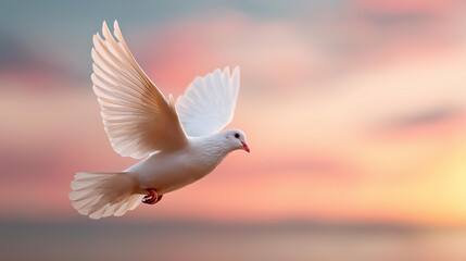 Fototapeta premium White dove freedom flying wings on sunset wide sky background, symbol of peace, holy spirit in Christian religion, heaven concept, bird flight display, defocused sky backdrop, with copy space