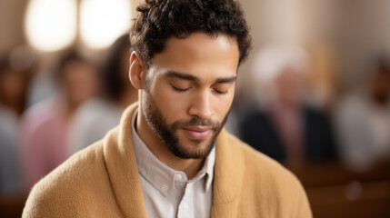 Obraz premium Young man praying in church with people in background, male worship in sanctuary, congregational devotion scene, spiritual prayer moment, faceless praying figure, defocused congregation