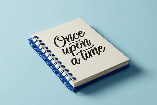 Spiral notebook mockup with Once Upon a Time text on white background