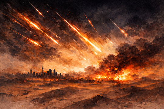 Fire Rain Over Desert City with Smoke and Burning Landscape