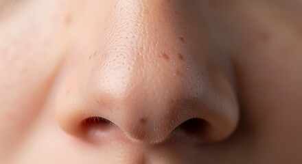 Close up of a human nose with freckles and pores on skin