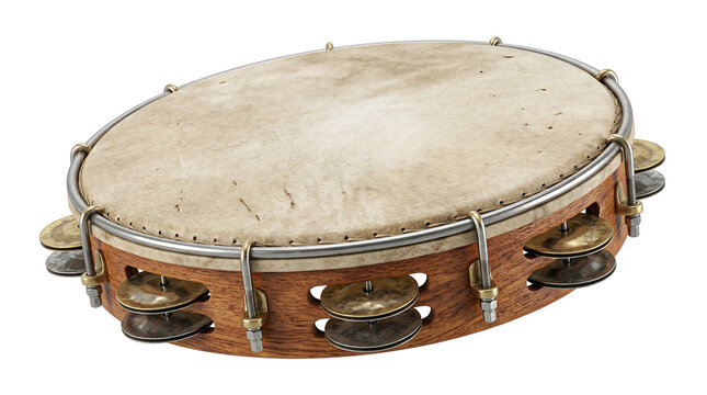 Pandeiro, authentic Brazilian percussion instrument with natural skin head and jingles, used in samba and choro music, isolated on white background.