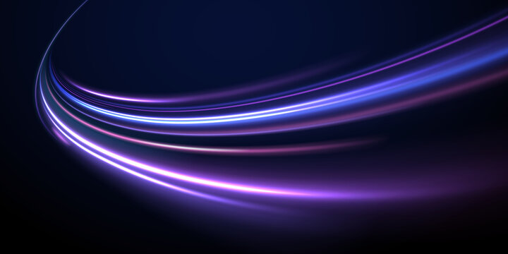Purple glowing ribbons twist along dark highways. Radiant motion lines and arcs simulate high-speed acceleration and dynamic energy flow. Vector futuristic PNG background isolated.