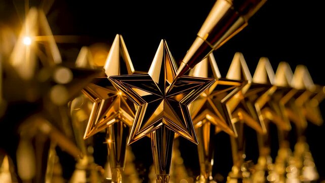 Row of shiny golden star trophies with one being placed by hand on top in dramatic warm lighting