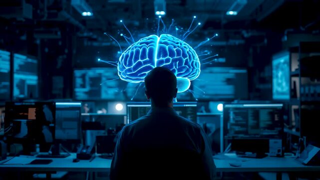 Person from behind looking at glowing blue holographic brain floating above control room desk with multiple monitors
