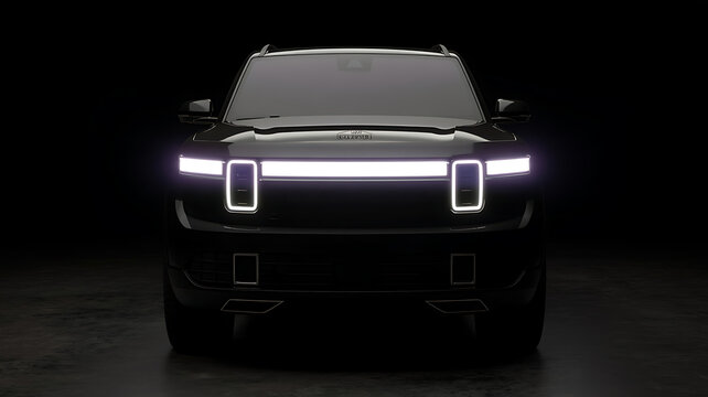 Title: front view of a modern black car with illuminated rectangular headlights on a dark background creating a sleek and futuristic appearance