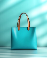 Stylish turquoise tote bag on a table.
