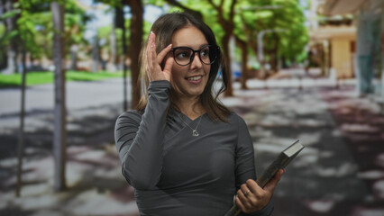 Fototapeta premium Woman adjusting glasses and holding book on sunlit tree lined street with heart necklace visible; curiosity learning.