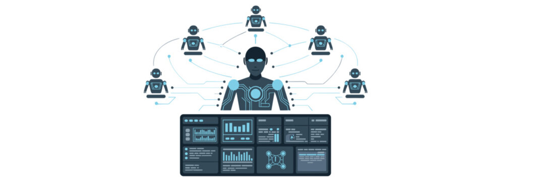 Vector illustration of AI meta agent with neural network nodes &ndash; Great for machine learning presentations, data science, or tech infographics.