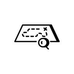 Map with route and magnifying glass icon representing navigation search, route planning and GPS mapping