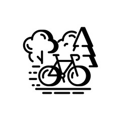 Bicycle in forest landscape icon, cycling, eco travel and outdoor adventure 