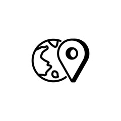 Globe with location pin, global navigation, travel destination and map location icon