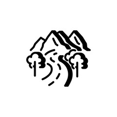 Mountains with hiking trail icon, trekking, nature exploration and outdoor adventure.